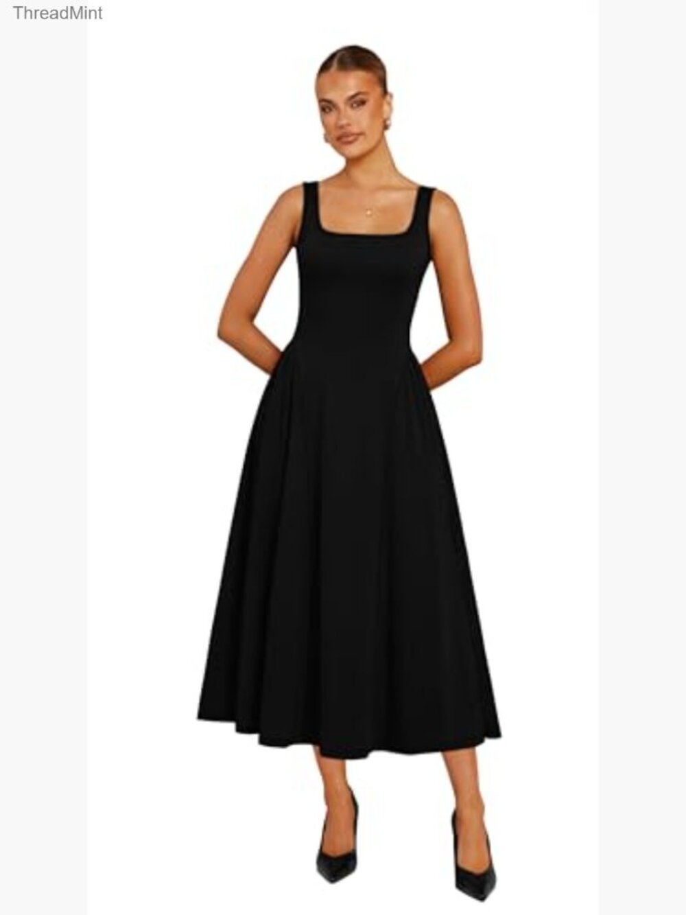 Square Neck Corset A-Line Maxi Dress Ruffle Ruched Waist Midi - Picture 3 of 7